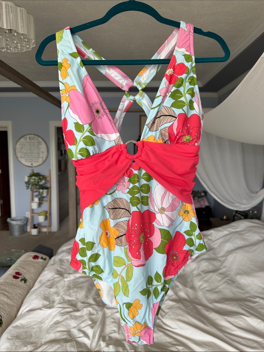 VENUS Floral One-Piece Swimsuit with Pink Waist Tie